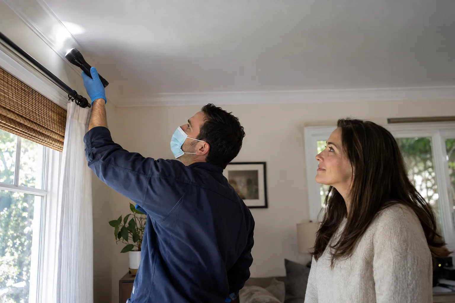 Provider inspecting a ceiling corner for mold in the Pittsburgh area